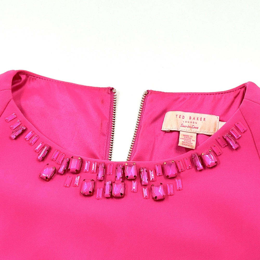 Ted Baker Size 1 US 4 Dress Hot Pink Beaded Neckline Fit Flare Foppar MSRP $325 - Picture 2 of 9